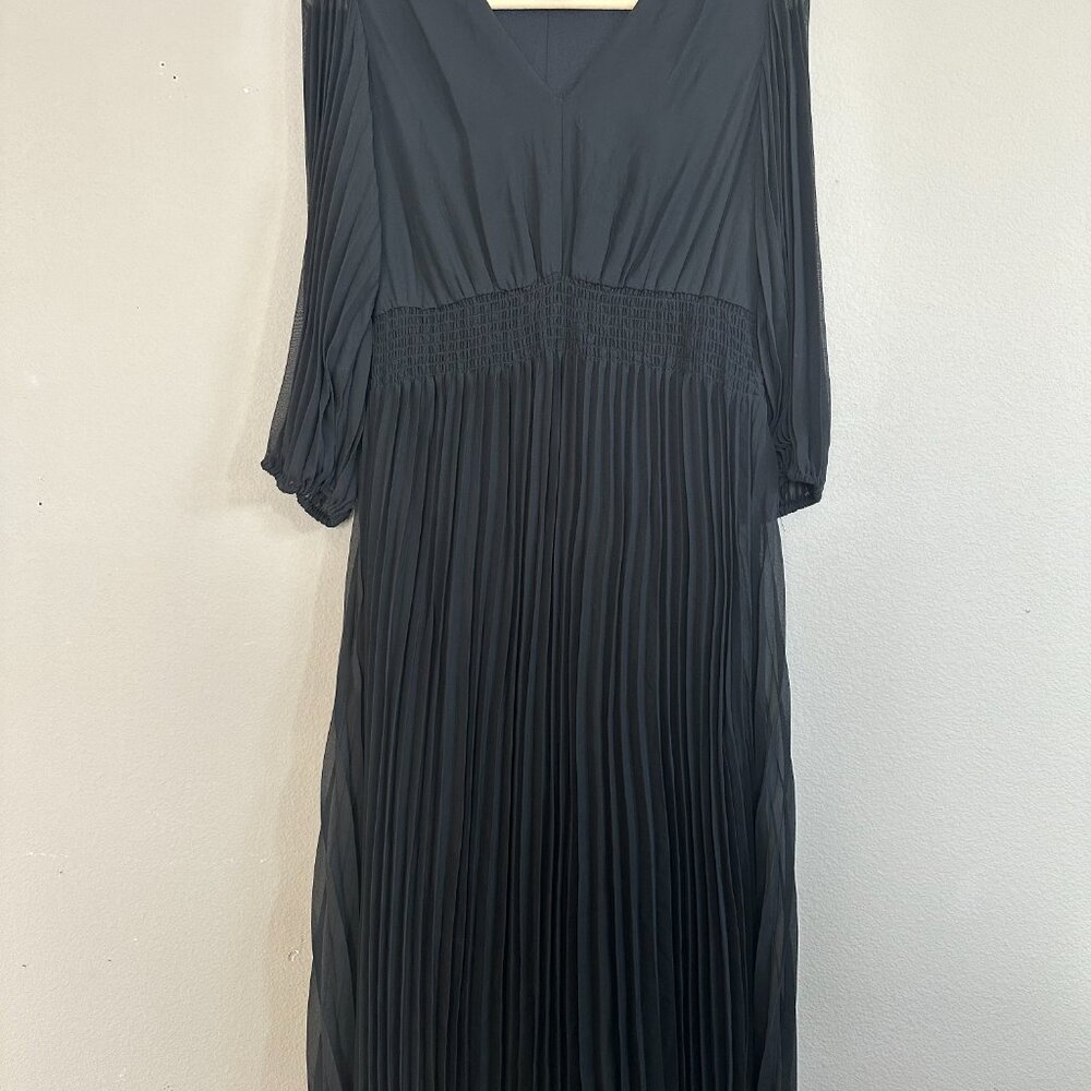 JUST TAYLOR Black Pleated Skirt 3/4 Sleeve Midi Dress Chiffon Black sz 8 - Picture 6 of 8